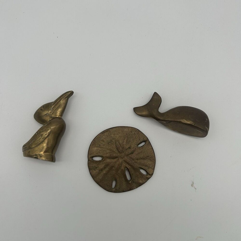 3 Piece Bundle Small Brass Ocean Themed Whale, Silver Dollar And Pelican